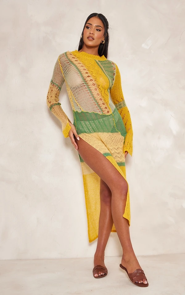 Tall Robe Longue Déchirée En Maille Tricot Ajourée Jaune à Fente Sur Le Côté 3 Tall Robe Longue Déchirée En Maille Tricot Ajourée Jaune à Fente Sur Le Côté – Image 3