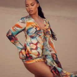 Plus Robe De Plage En Mousseline De Soie Multicolore à Lacets Et Imprimé Papillons