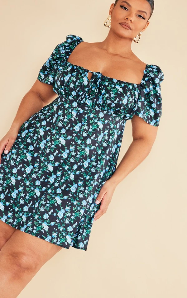 Plus Robe Droite Noire Imprimé Petites Fleurs à Manches Bouffantes 4 Plus Robe Droite Noire Imprimé Petites Fleurs à Manches Bouffantes – Image 4