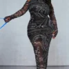Plus Robe Longue En Mesh Imprimé Noir à épaules Dénudées
