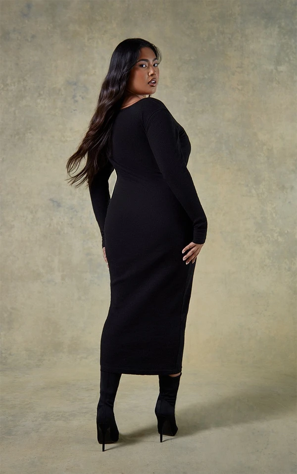 Zero Plus Renew Robe Mi-longue Côtelée épaisse Noire à Col Carré 2 Zero Plus Renew Robe Mi-longue Côtelée épaisse Noire à Col Carré – Image 2