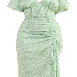 Plus Robe Mi-longue Fendue Verte Fleurie à Côtés Froncés Et Manches Bouffantes -Promos Jupe Éthérée Boutique 5b25382709cabfcf533ea3aee5f3872eec54df3e cmw4076 6