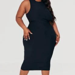 Plus Robe Moulante Douce Noire à Dos Nageur