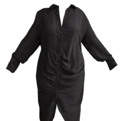 Plus Robe Chemise Longue Noire Texturée à Manches Longues Froncée Sur Le Devant -Promos Jupe Éthérée Boutique 5d24348d05e1b45d0bcda1dfe195e2169f349e49 cmw4085 6