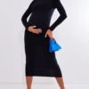 Maternité Robe De Grossesse Mi-longue Noire à Ventre Froncé Et Manches Longues