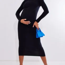 Maternité Robe De Grossesse Mi-longue Noire à Ventre Froncé Et Manches Longues