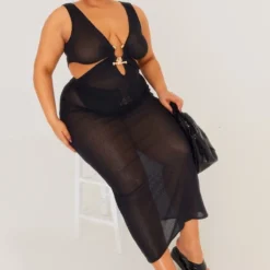 Plus Robe De Plage Longue Découpée Noire à Empiècement Martelé