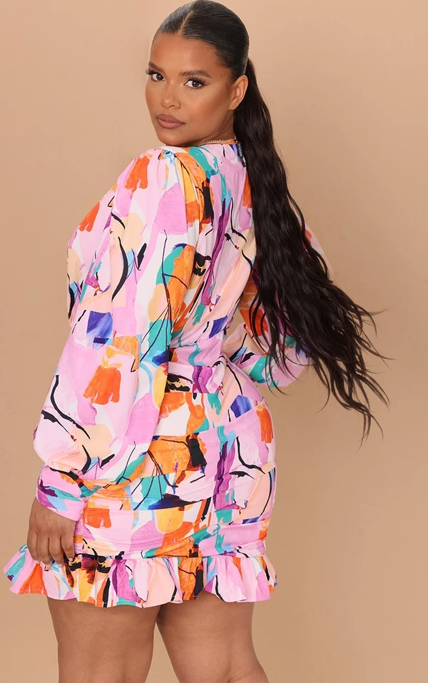 Plus Robe Moulante Froncée Multicolore Imprimé Abstrait à Décolleté 2 Plus Robe Moulante Froncée Multicolore Imprimé Abstrait à Décolleté – Image 2