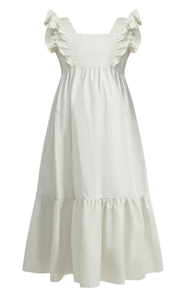 Maternité Robe Longue De Grossesse Beige Volantée Sans Manches 5 Maternité Robe Longue De Grossesse Beige Volantée Sans Manches – Image 5