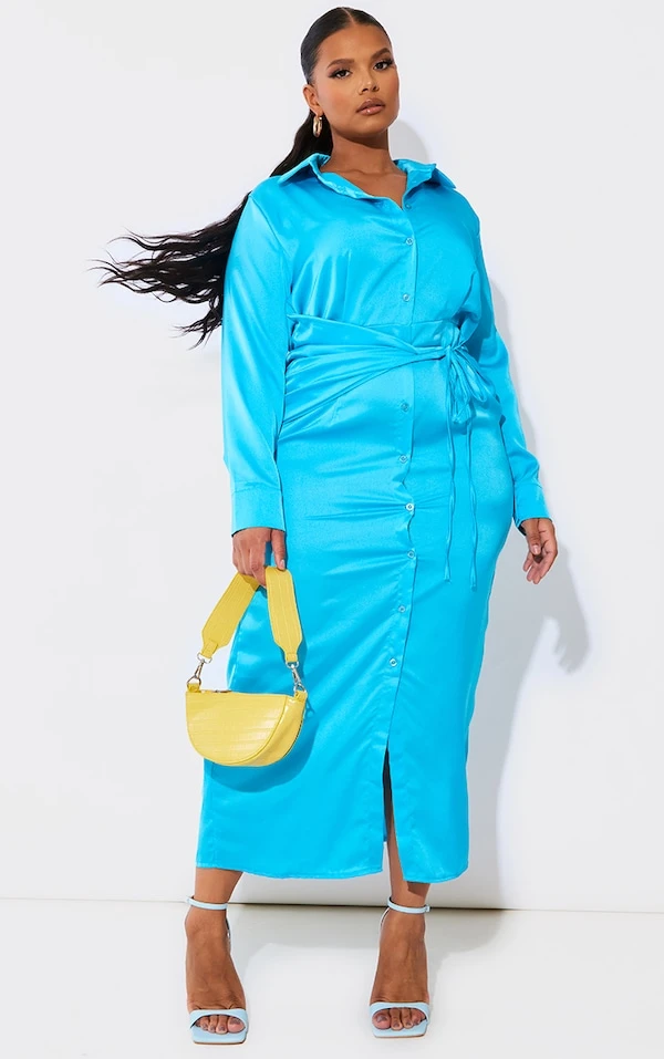 Plus Robe Chemise Longue Portefeuille Satinée Bleue 1 Plus Robe Chemise Longue Portefeuille Satinée Bleue