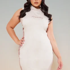 PRETTYLITTLETHING Plus Robe Moulante Gris Pierre à Coutures Contrastantes Et Dos Nageur