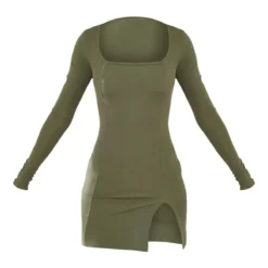 Tall Robe Moulante Fendue Kaki Côtelée à Col Carré Et Manches Longues -Promos Jupe Éthérée Boutique 624ca6e194d6fa89917b3c02132459e361005216 cnb6654 5