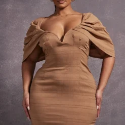 Plus Robe Moulante Texturée Café Au Lait à Décolleté En V -Promos Jupe Éthérée Boutique 65306aae30f094535f3a68c91daba493bf452326 cnc5111 1