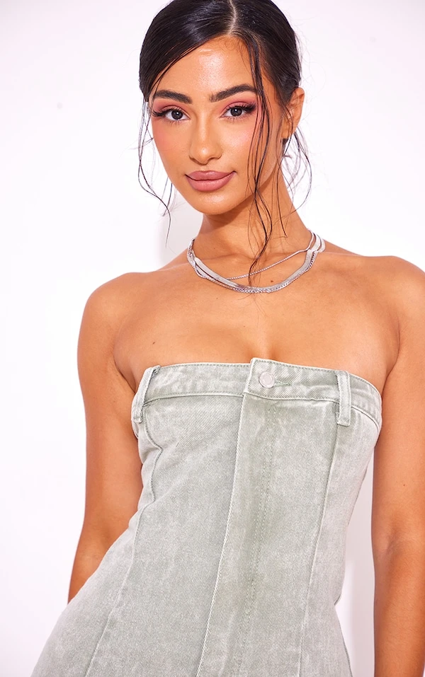 Petite Mini Robe Bustier En Jean Vert Délavé 4 Petite Mini Robe Bustier En Jean Vert Délavé – Image 4