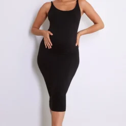 Maternité Robe De Grossesse Mi-longue D'allaitement Noire Côtelée à Contours Et Bretelles Détachables