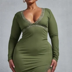 Plus Robe Droite Côtelée Kaki à Détail Dentelle Et Ourlet Fendu -Promos Jupe Éthérée Boutique 6828008360af8fcce1b8570ee46901f8bff203e8 cnc9740 3