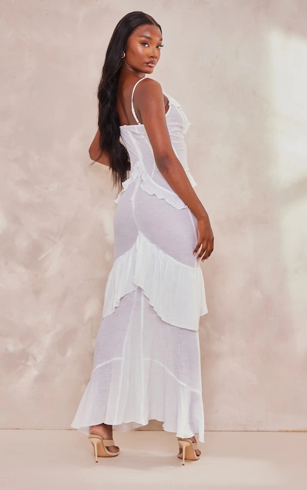 Tall Robe Longue Texturée Crème à Volants 2 Tall Robe Longue Texturée Crème à Volants – Image 2