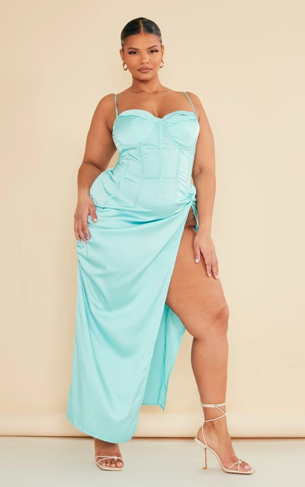 Plus Robe Mi-longue Satinée Turquoise Drapée Sur Le Buste 1 Plus Robe Mi-longue Satinée Turquoise Drapée Sur Le Buste