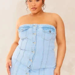 Plus Robe Moulante En Jean Bleu Clair Délavé Style Corset à Boutons