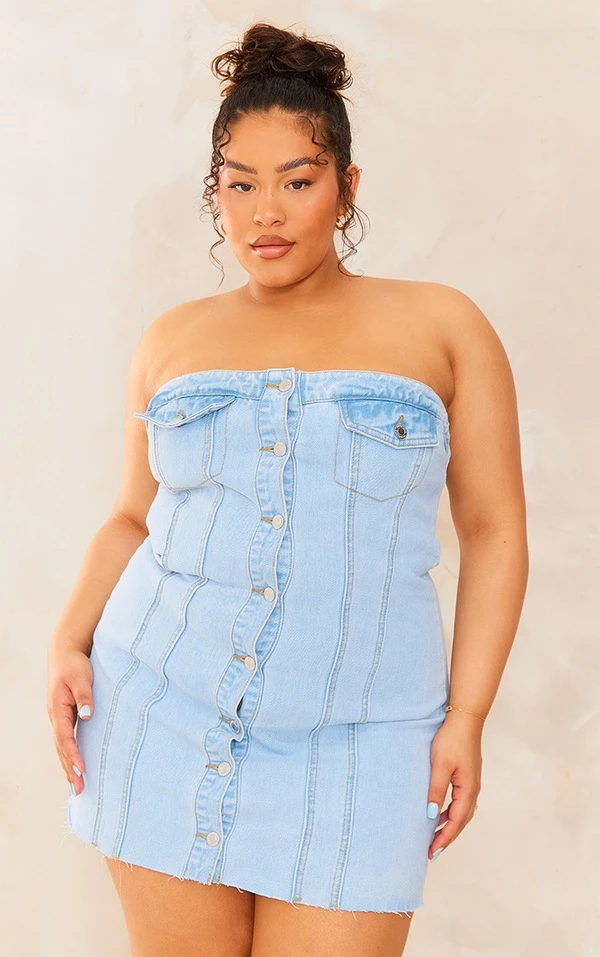 Plus Robe Moulante En Jean Bleu Clair Délavé Style Corset à Boutons 1 Plus Robe Moulante En Jean Bleu Clair Délavé Style Corset à Boutons