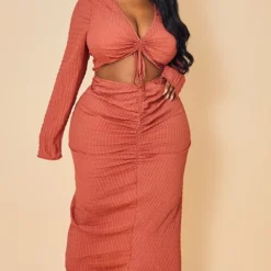 Plus Robe Mi-longue Texturée Froncée Rouille à Découpe