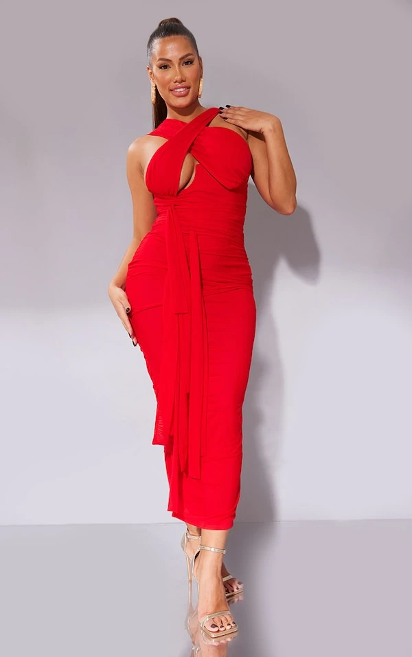 Shape Robe Longue Cache-coeur En Mesh Rouge à Lien Nouable 1 Shape Robe Longue Cache-coeur En Mesh Rouge à Lien Nouable