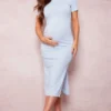 Logic Maternité Robe De Grossesse Mi-longue En Maille Côtelée Bleu-gris à Manches Courtes