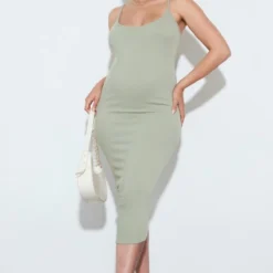 Maternité Robe De Grossesse Mi-longue En Maille Côtelée Stretch Kaki à Bretelles