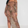 Shape Robe Longue En Mesh Imprimé Marron à épaules Dénudées