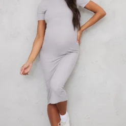 Maternité Robe De Grossesse Mi-longue Gris Chiné Côtelée à Col Rond