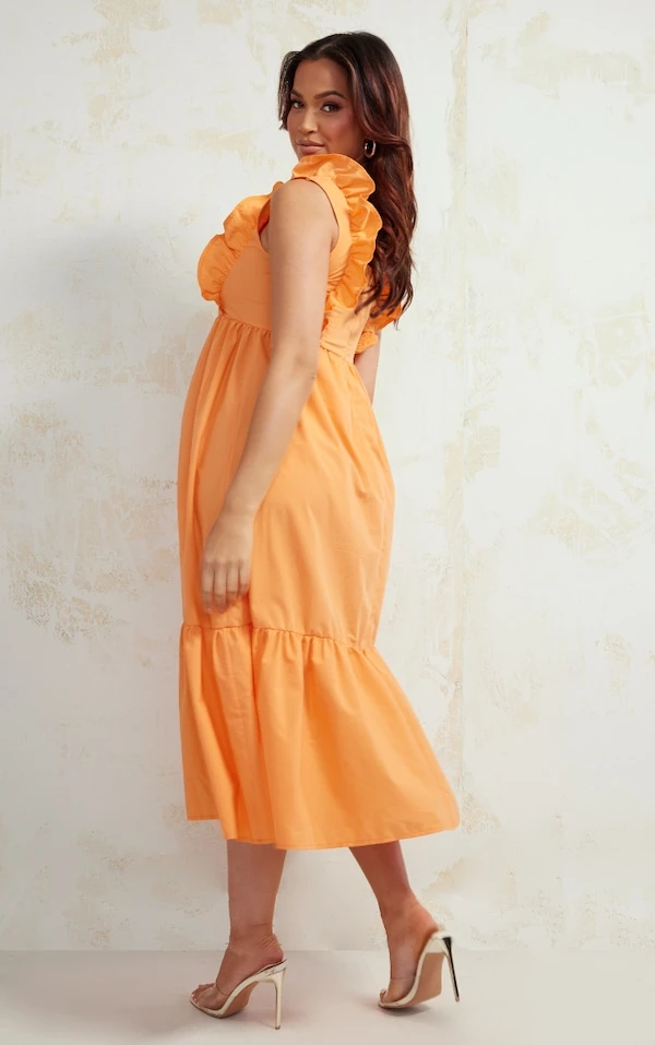 Maternité Robe Longue De Grossesse Orange Volantée Sans Manches 2 Maternité Robe Longue De Grossesse Orange Volantée Sans Manches – Image 2