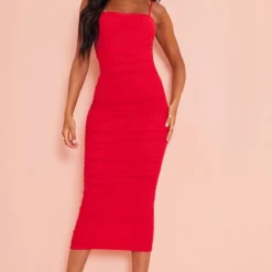 Tall Robe Mi-longue En Mesh Froncé Rouge