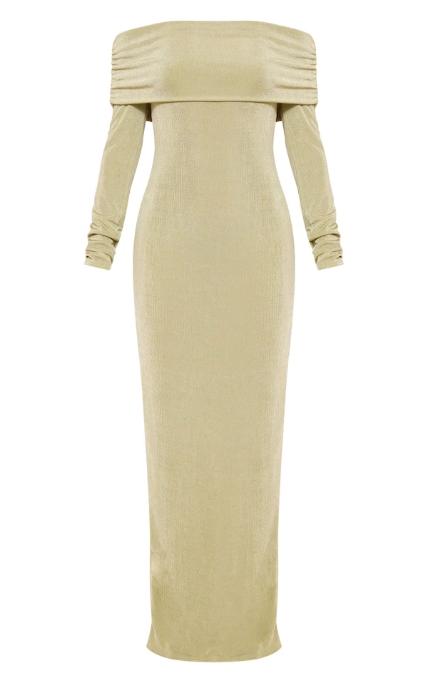 Petite Robe Longue Moulante Vert Olive En Acétate à Col Bardot Et Manches Longues 5 Petite Robe Longue Moulante Vert Olive En Acétate à Col Bardot Et Manches Longues – Image 5