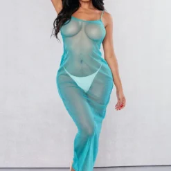 Shape Robe Longue Bleu Vif En Mesh Transparent Pailletée à Bretelles