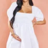 Maternité Mini Robe Babydoll De Grossesse Blanche Froncée Sur Le Buste