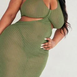 Plus Robe Longue Dos Nu En Maille Kaki Transparente Effet Croisé -Promos Jupe Éthérée Boutique 753ac96b9b6b090826912c80d792a7506648eccf cnc7957 4