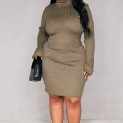 Plus Robe Moulante Côtelée Kaki à Col Montant -Promos Jupe Éthérée Boutique 77058d90176aa73798e61b568065e72fc5a397a5 cnd4821 3