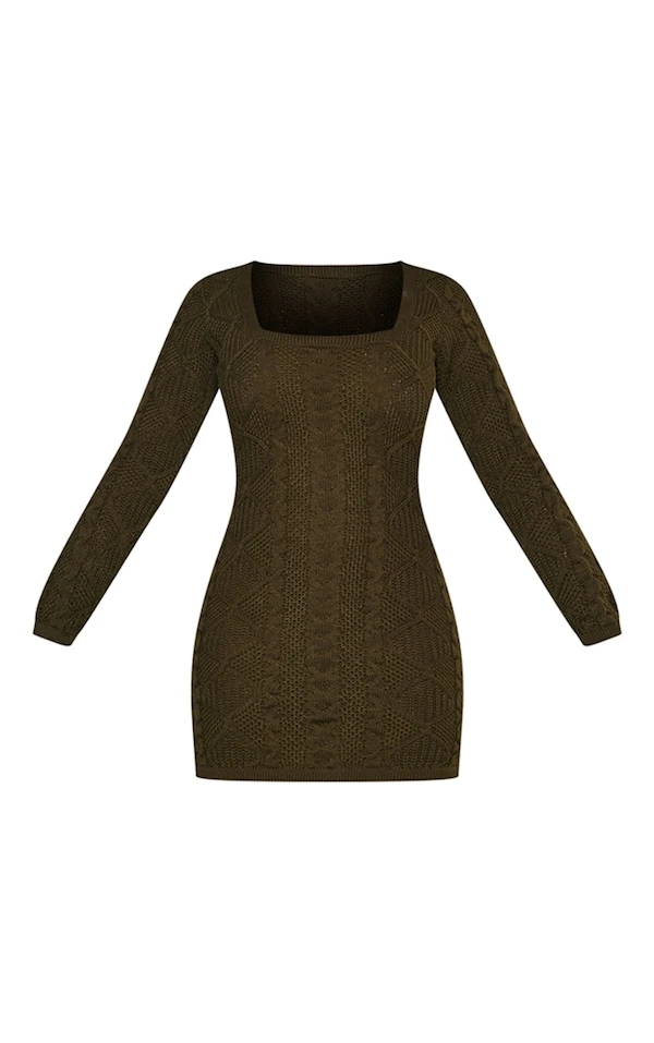 Petite Robe Pull En Maille Torsadée Kaki 5 Petite Robe Pull En Maille Torsadée Kaki – Image 5