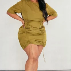 Plus Robe Moulante Froncée En Nylon Vert Olive Foncé