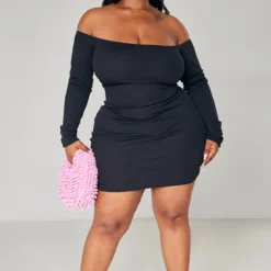 Logic Plus Robe Moulante Noire Côtelée à Col Bardot Et Manches Longues