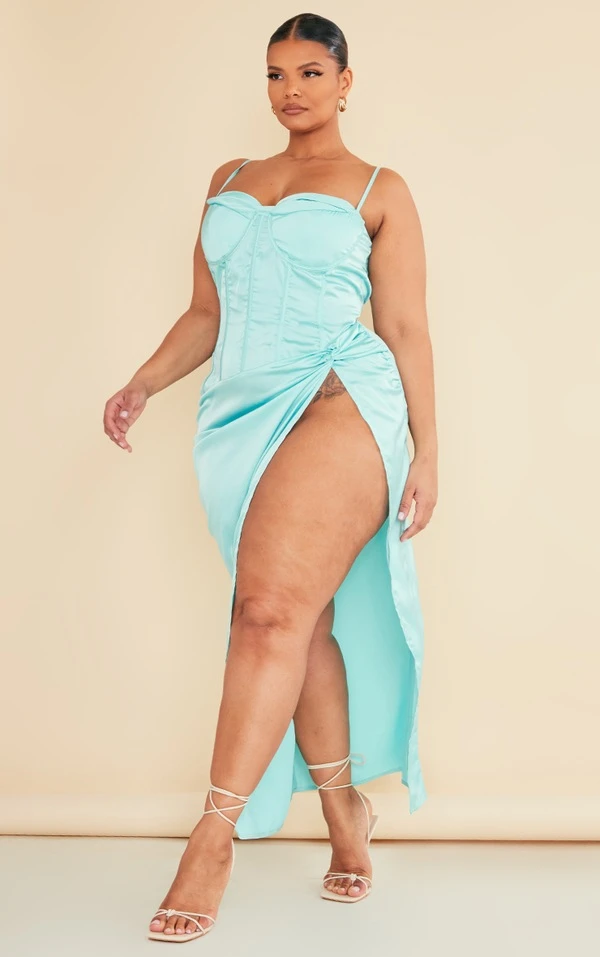 Plus Robe Mi-longue Satinée Turquoise Drapée Sur Le Buste 3 Plus Robe Mi-longue Satinée Turquoise Drapée Sur Le Buste – Image 3