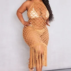 Plus Robe De Plage En Maille Tricot Camel Détail Franges à Dos Nu