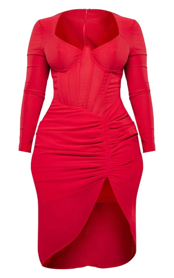 Shape Robe Corset Mi-longue Rouge à Manches Longues Et Jupe Froncée 5 Shape Robe Corset Mi-longue Rouge à Manches Longues Et Jupe Froncée – Image 5