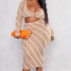 Plus Robe Mi-longue Marron Découpée à Rayures