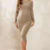 Maternité Robe De Grossesse Mi-longue Douce Taupe à épaules Dénudées