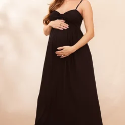 Maternité Robe De Grossesse Longue Noire En étamine à Bretelles Et Détail Bonnets