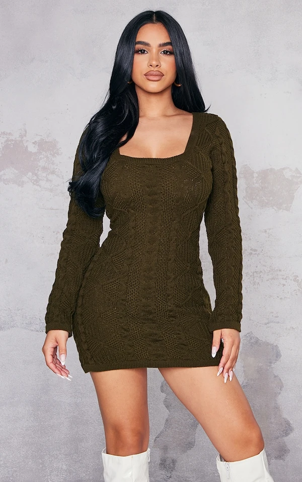 Petite Robe Pull En Maille Torsadée Kaki 3 Petite Robe Pull En Maille Torsadée Kaki – Image 3