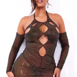Shape Robe Moulante En Mesh Pailleté Marron Chocolat à Découpes Sur L'avant Et épaules Dénudées