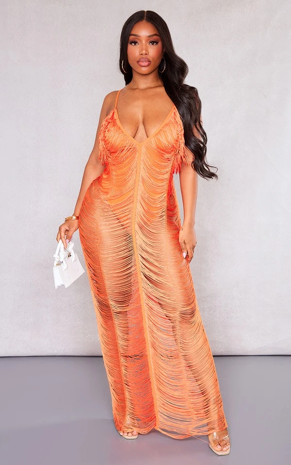 Shape Robe Longue Orange Vif Détail Franges 1 Shape Robe Longue Orange Vif Détail Franges