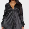 Plus - Robe Chemise Noire Satinée à Boutons